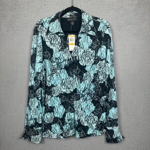 INC Top Womens 3X Blue Floral Lace‎ Button Bloomcore Office Career Business